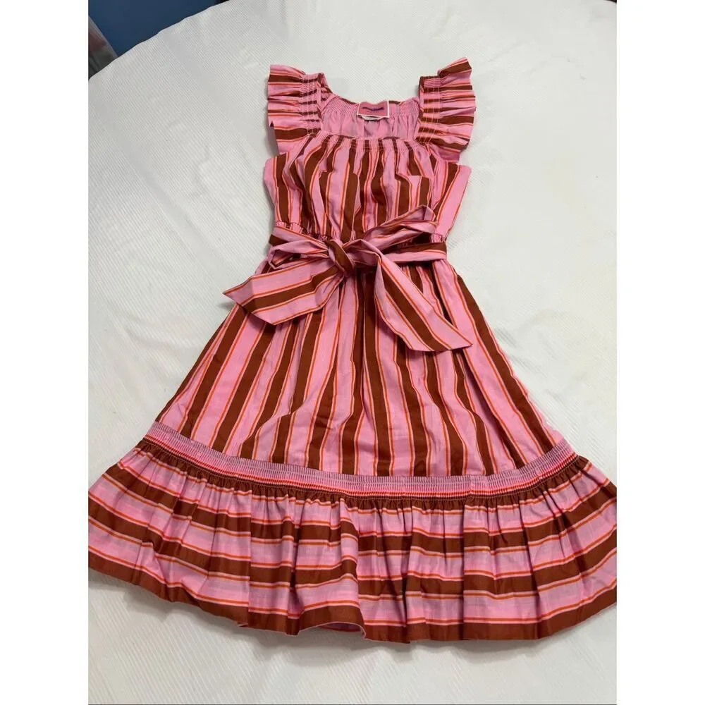 Kate Spade Calais Ruffle Dress Pink Stripe Flutter Belt Size XXS New